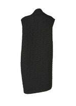 The ONE CLOTH PUFF by ISSEY MIYAKE ONLINE STORE is a sleeveless, knee-length black vest with a subtle geometric jacquard weave, displayed from the back against a white background.