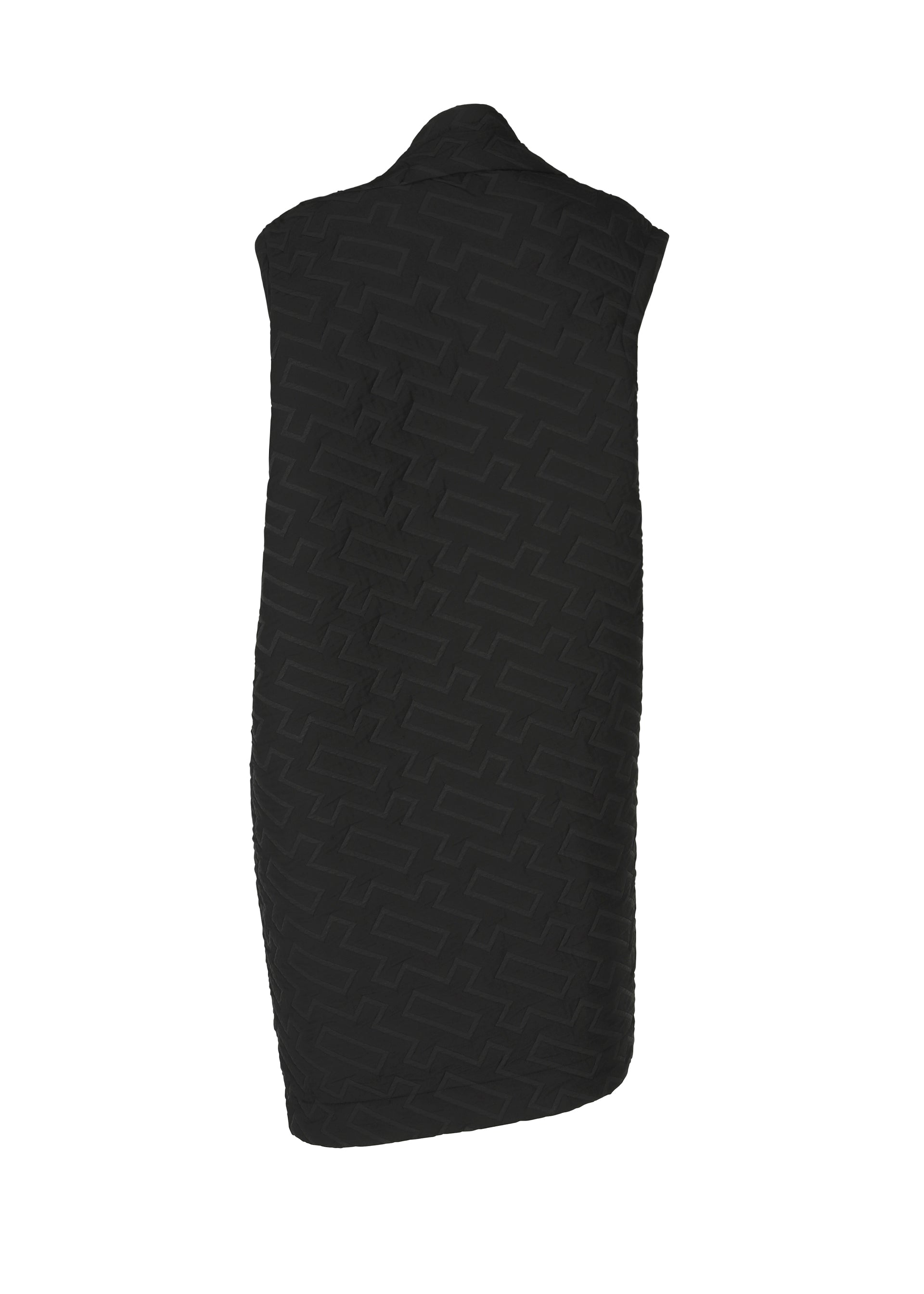 Zoomed view The ONE CLOTH PUFF by ISSEY MIYAKE ONLINE STORE is a sleeveless, knee-length black vest with a subtle geometric jacquard weave, displayed from the back against a white background.