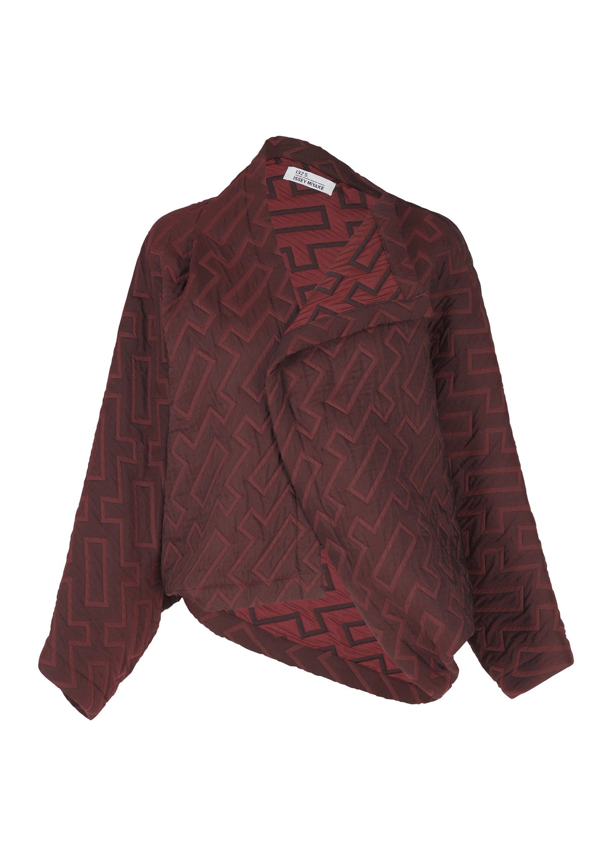 The ONE CLOTH PUFF by 132 5. ISSEY MIYAKE is a maroon jacquard jacket featuring long sleeves, an abstract geometric pattern, asymmetric front, and a relaxed draped silhouette for a soft feel. view 2 of 9