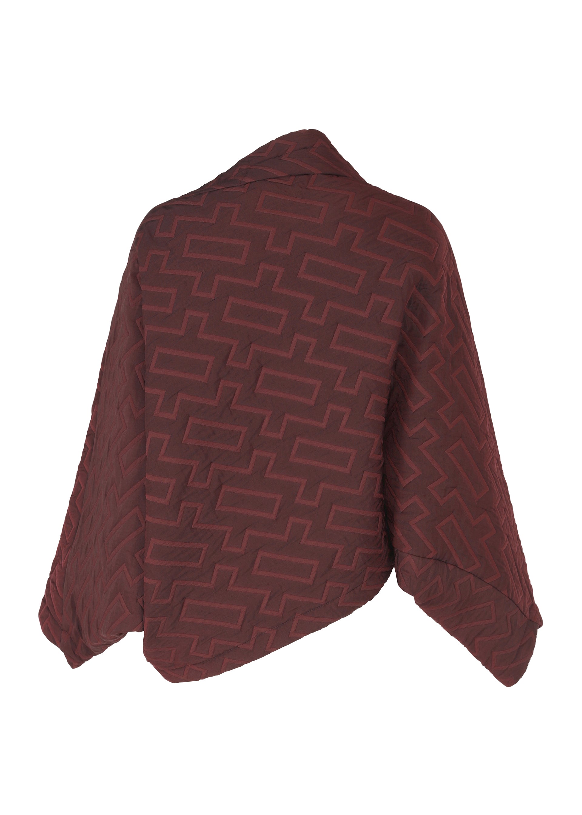 Zoomed view The ONE CLOTH PUFF by 132 5. ISSEY MIYAKE is a maroon cape with wide sleeves and a soft texture, showcasing interlocking rectangular geometric patterns in a deeper shade, shown against a white background.