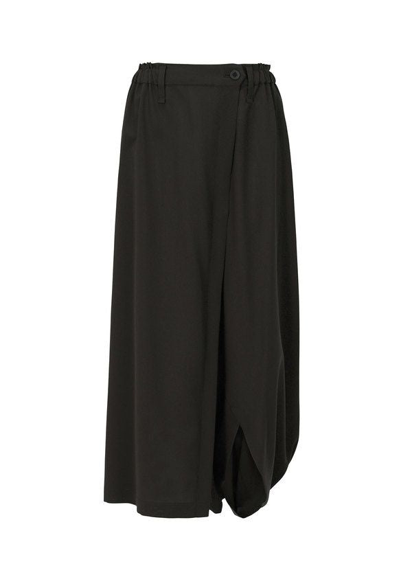 The SEAMLESS BOTTOMS by 132 5. ISSEY MIYAKE are black, wide-leg culottes featuring a draped asymmetrical wrap and button waist, crafted from recycled polyester for a comfortable, skirt-like look with a relaxed fit. Shown on a white background. view 1 of 11
