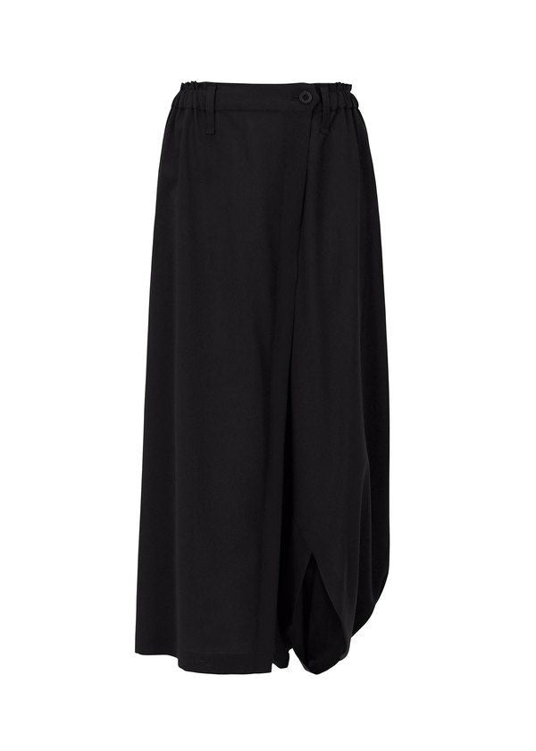 Zoomed view The SEAMLESS BOTTOMS by 132 5. ISSEY MIYAKE are black asymmetrical wide-leg pants with a draped, wrap-style front, elastic waistband, button closure, and belt loops—made from recycled polyester for comfort and sustainable style. - Black (no. 15)