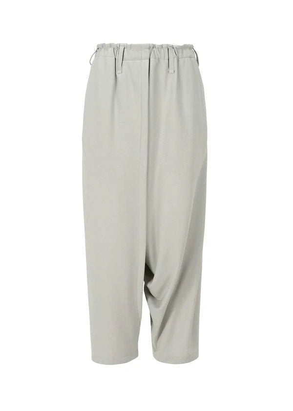 Zoomed view The JERSEY BOTTOMS BASIC by 132 5. ISSEY MIYAKE are light grey, loose-fitting sarouel pants with a relaxed silhouette, elastic waistband, belt loops, drop-crotch design, and cropped ankles. Displayed on a white background. - LIGHT GRAY (no.11)