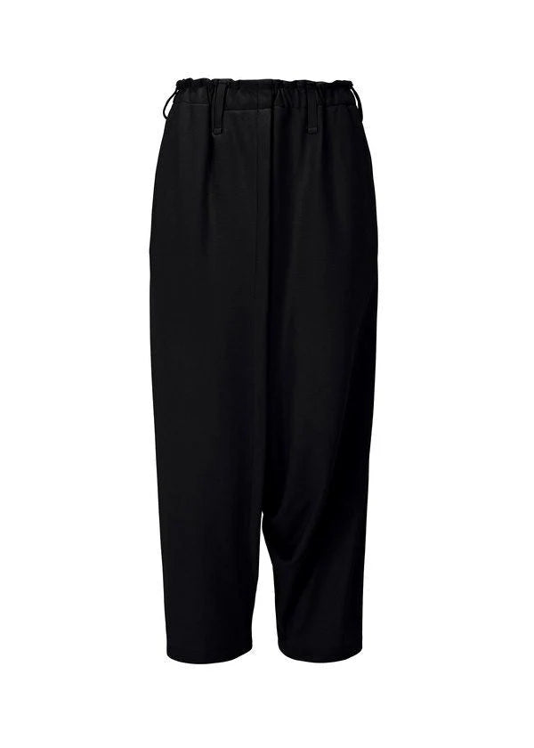JERSEY BOTTOMS BASIC by 132 5. ISSEY MIYAKE: loose-fitting black sarouel pants with a relaxed silhouette, dropped crotch, elastic waistband, and belt loops, shown on a plain white background. view 2 of 11