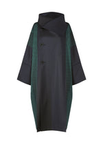 The GRADATION COAT by 132 5. ISSEY MIYAKE is a dark, oversized jacquard coat with a large collar, wide sleeves, vertical pinstripes, two black buttons, and striking green and blue striped side panels. - NAVY （no.75）