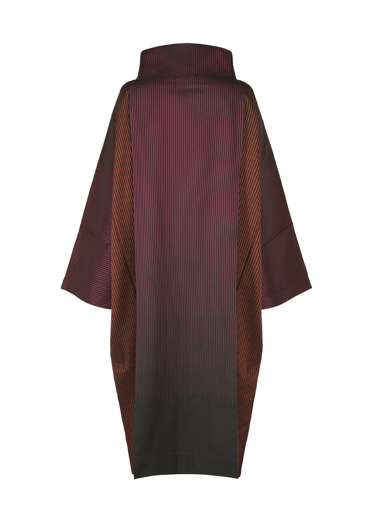 The GRADATION COAT by 132 5. ISSEY MIYAKE, featuring a loose fit, large collar, wide sleeves, and black, purple, and reddish-brown vertical stripes, is displayed on a plain white background. view 3 of 11