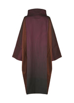 The GRADATION COAT by 132 5. ISSEY MIYAKE, featuring a loose fit, large collar, wide sleeves, and black, purple, and reddish-brown vertical stripes, is displayed on a plain white background.