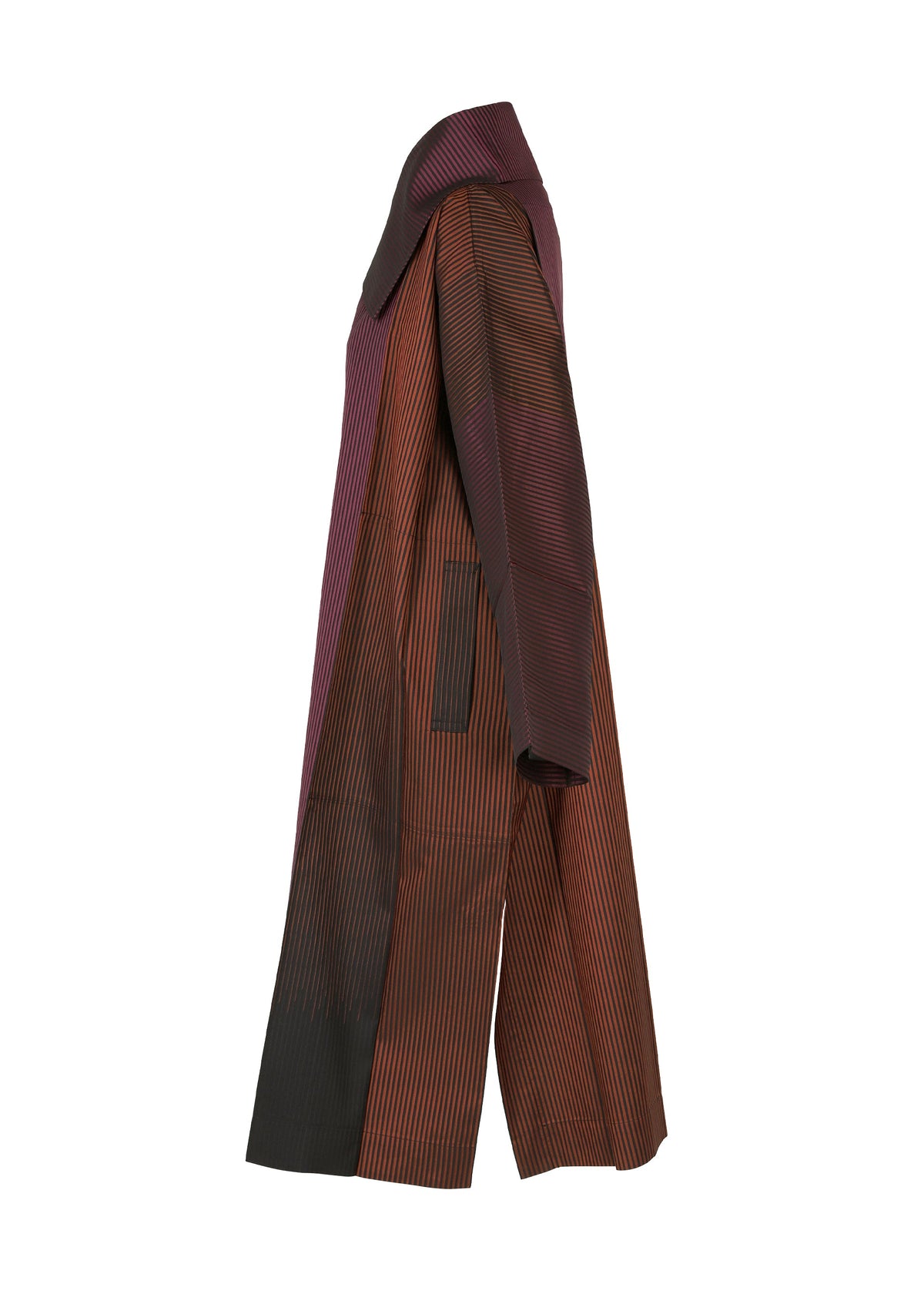 The GRADATION COAT by 132 5. ISSEY MIYAKE, shown from the side on a white background, features a large collar and vertical jacquard stripes in maroon, brown, and black. view 4 of 11