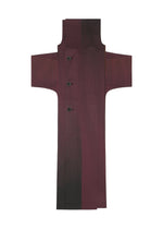 The GRADATION COAT by 132 5. ISSEY MIYAKE, featuring maroon and black stripes in jacquard, is laid flat with sleeves extended, a large collar visible, and three black buttons on the front, resembling a traditional kurta or robe.