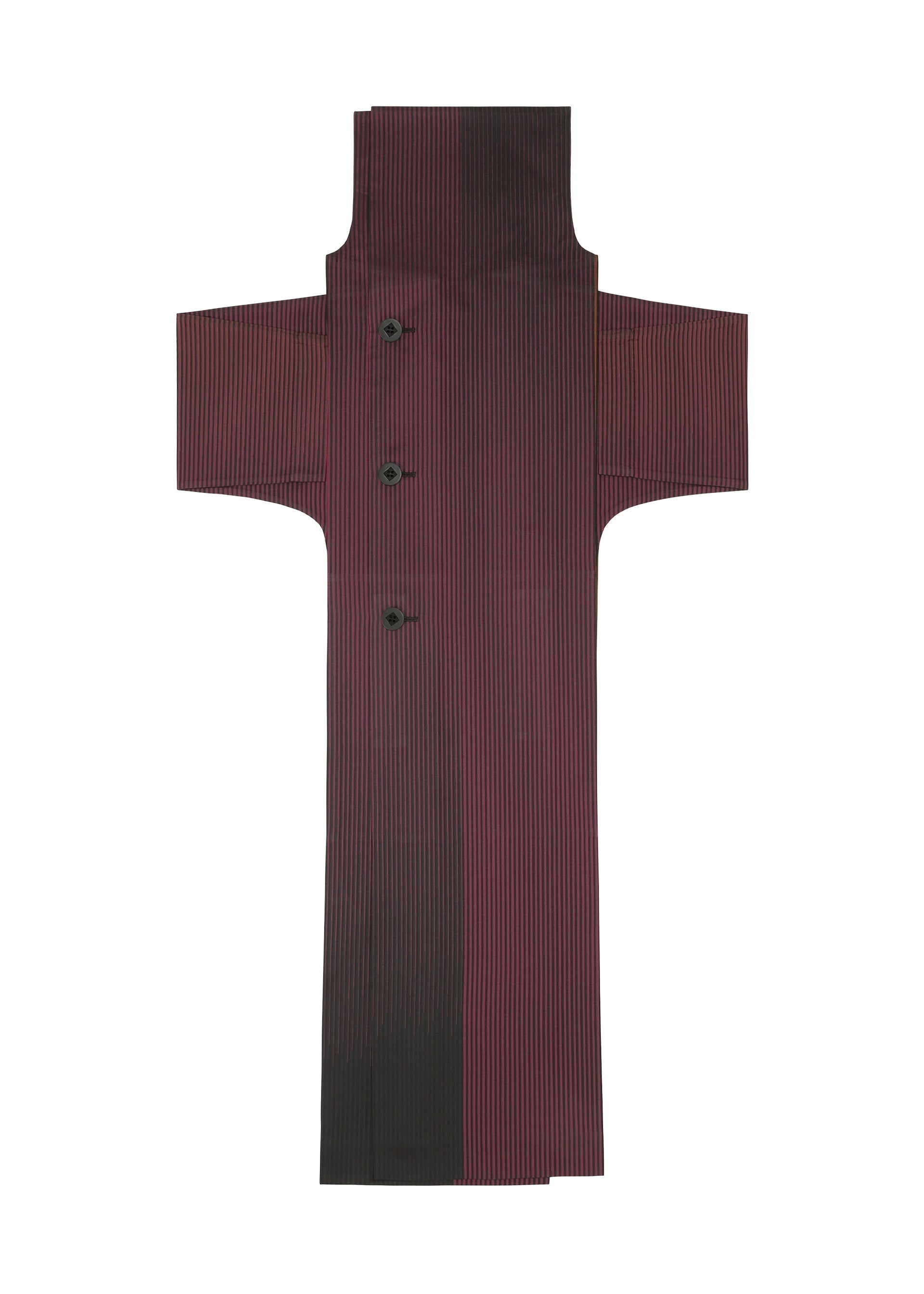 Zoomed view The GRADATION COAT by 132 5. ISSEY MIYAKE, featuring maroon and black stripes in jacquard, is laid flat with sleeves extended, a large collar visible, and three black buttons on the front, resembling a traditional kurta or robe.
