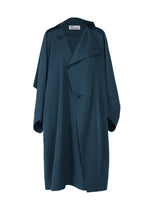 The PARALLEL WRAP by 132 5. ISSEY MIYAKE is a dark teal, oversized water-repellent trench coat with wide sleeves, an asymmetric button closure, and a relaxed draped fit, shown on a plain white background. - NAVY （no.75）