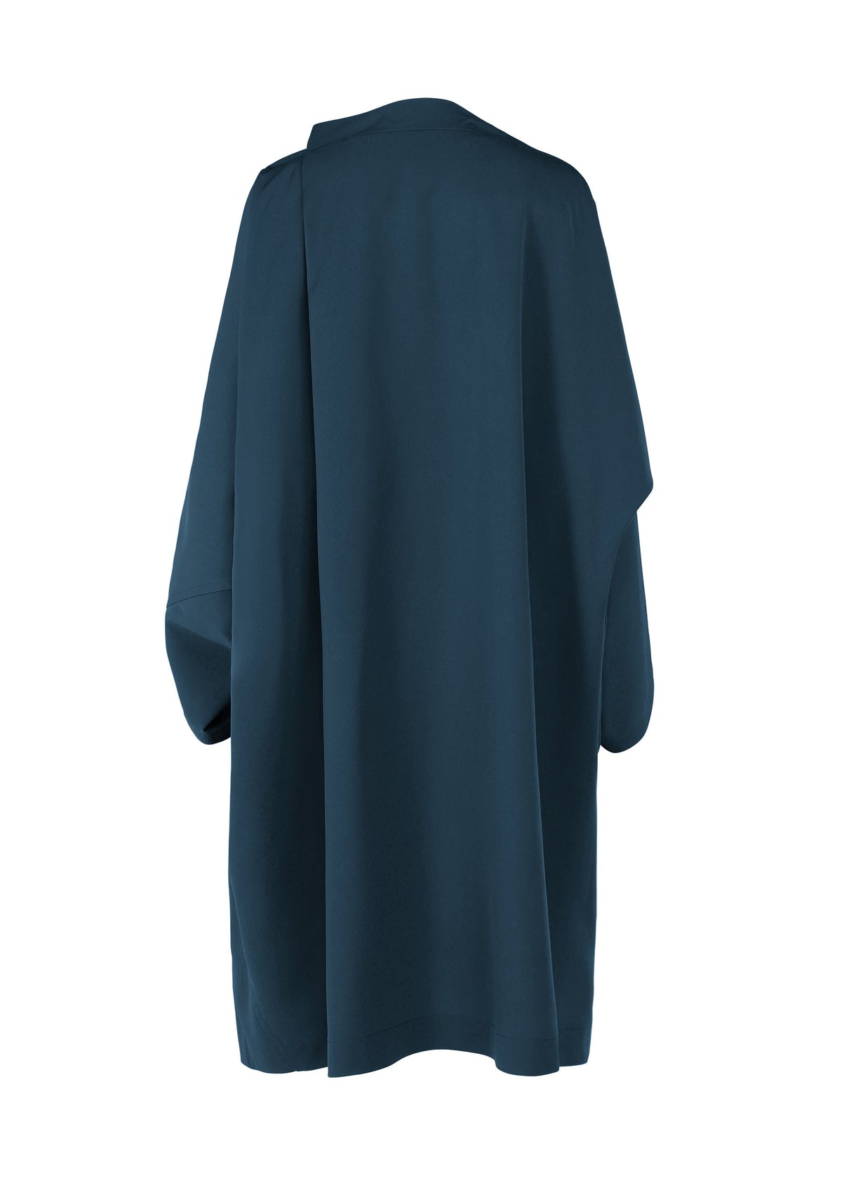 The PARALLEL WRAP by 132 5. ISSEY MIYAKE is a dark teal, oversized, wrinkle-resistant coat with loose sleeves, shown from the back against a white background. view 3 of 11