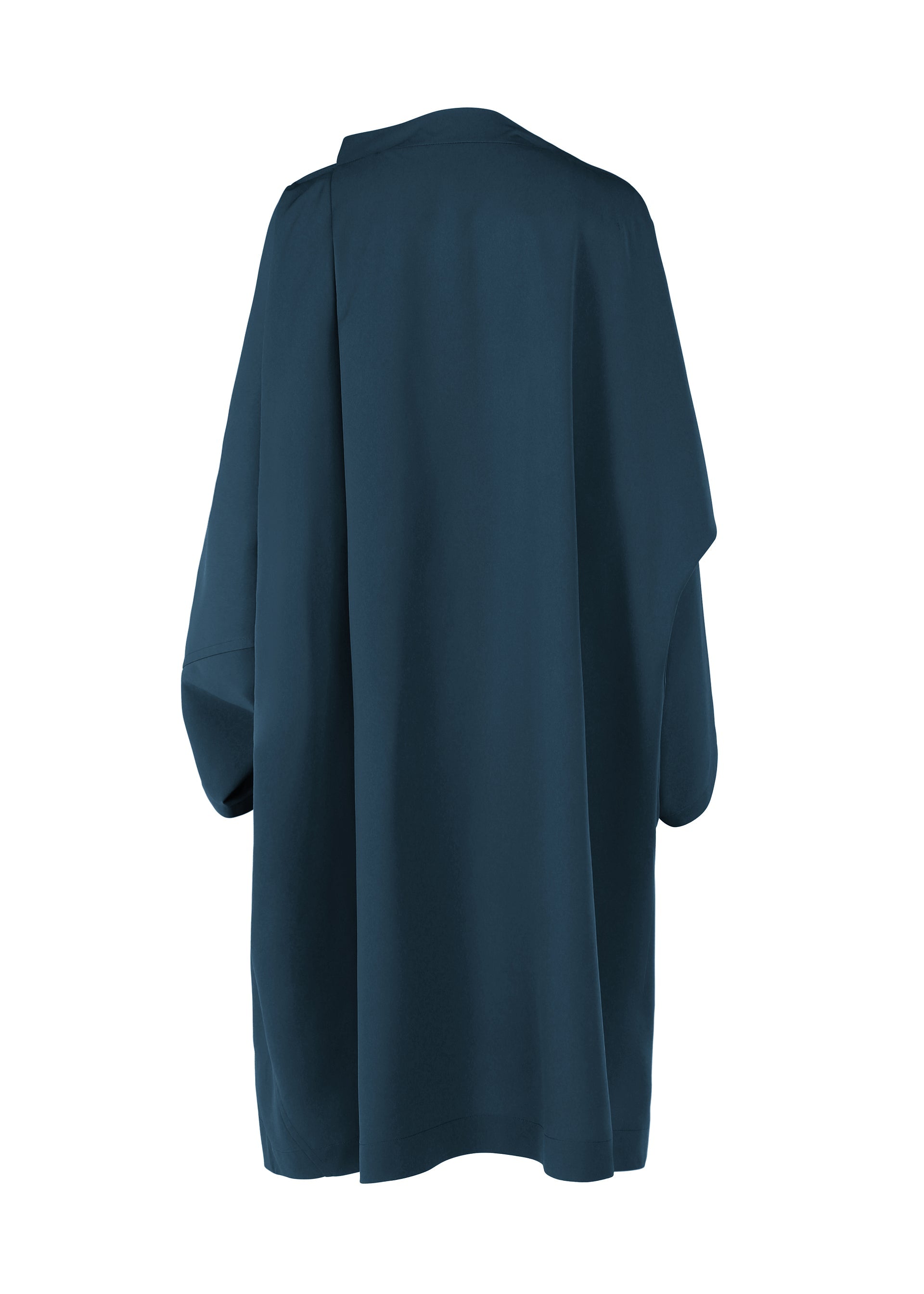 Zoomed view The PARALLEL WRAP by 132 5. ISSEY MIYAKE is a dark teal, oversized, wrinkle-resistant coat with loose sleeves, shown from the back against a white background.
