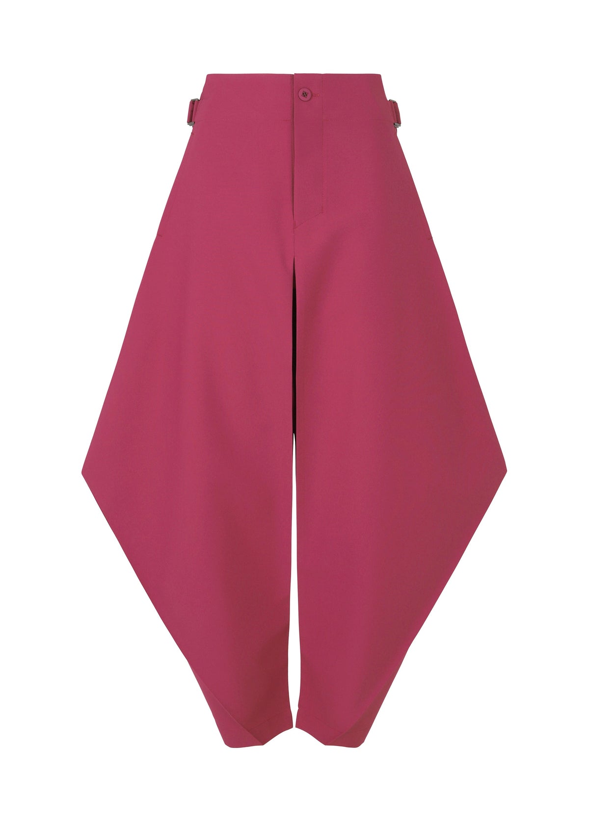 The VERTEX BOTTOMS by 132 5. ISSEY MIYAKE are wide-legged, high-waisted magenta pants with a unique geometric silhouette, front button and zipper closure, and adjustable side waistband tabs. view 2 of 12
