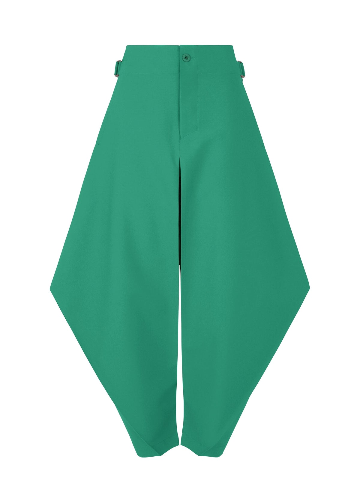 The VERTEX BOTTOMS by 132 5. ISSEY MIYAKE are bright green, high-waisted pants with a bold geometric silhouette, angular flared sides tapering to the ankles, and finished with a central front button and zipper closure. view 3 of 12