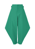 The VERTEX BOTTOMS by 132 5. ISSEY MIYAKE are bright green, high-waisted pants with a bold geometric silhouette, angular flared sides tapering to the ankles, and finished with a central front button and zipper closure. - GREEN （no.62）