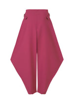 VERTEX BOTTOMS by 132 5. ISSEY MIYAKE: Magenta wide-leg pants with three-dimensional, angular side panels, high waist, and decorative waistband tabs shown on a white background.