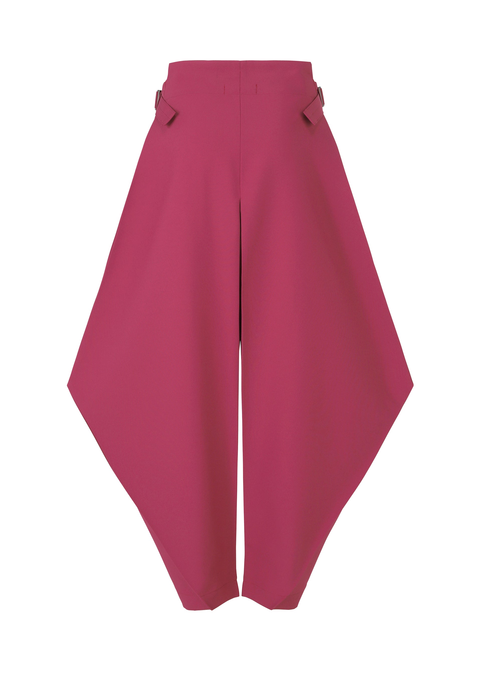 Zoomed view VERTEX BOTTOMS by 132 5. ISSEY MIYAKE: Magenta wide-leg pants with three-dimensional, angular side panels, high waist, and decorative waistband tabs shown on a white background.