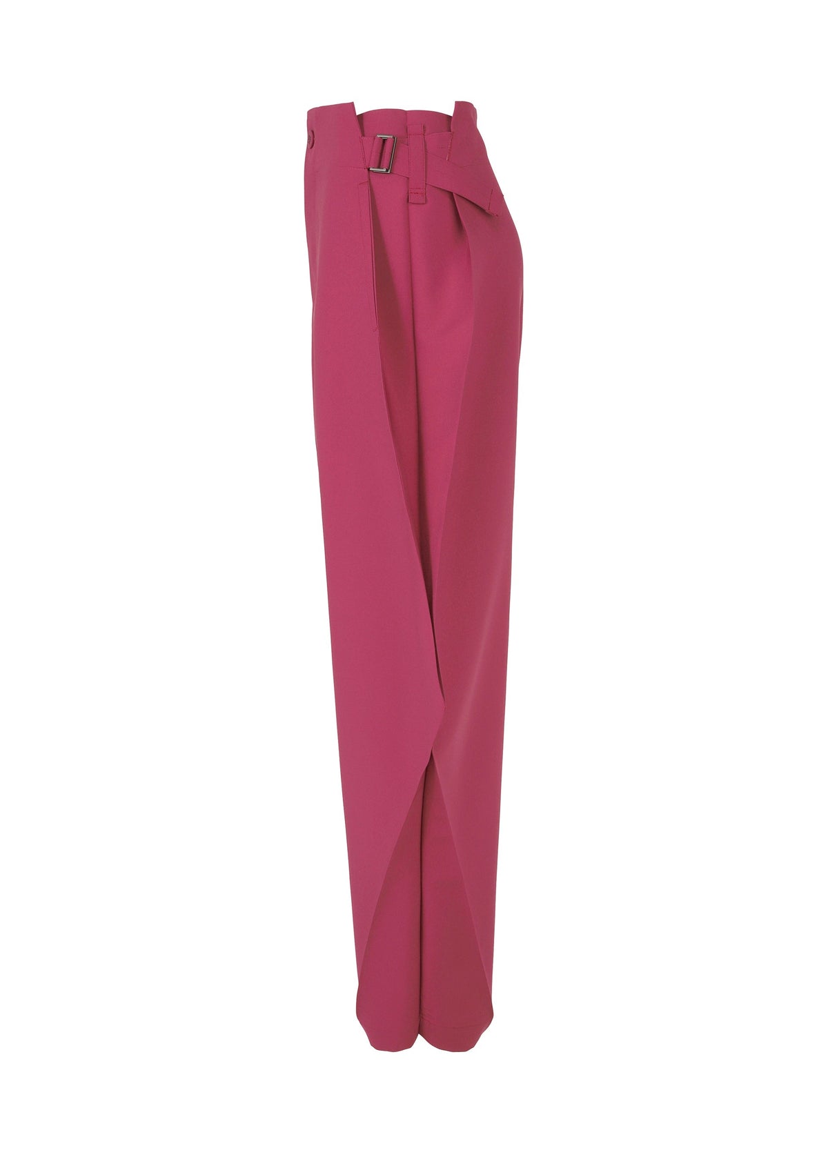 VERTEX BOTTOMS by 132 5. ISSEY MIYAKE: Magenta high-waisted, wide-leg pants with a voluminous silhouette, paperbag waist, belt, and overlapping front panels, shown against a plain white background. view 5 of 12