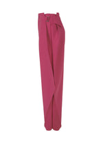 VERTEX BOTTOMS by 132 5. ISSEY MIYAKE: Magenta high-waisted, wide-leg pants with a voluminous silhouette, paperbag waist, belt, and overlapping front panels, shown against a plain white background.