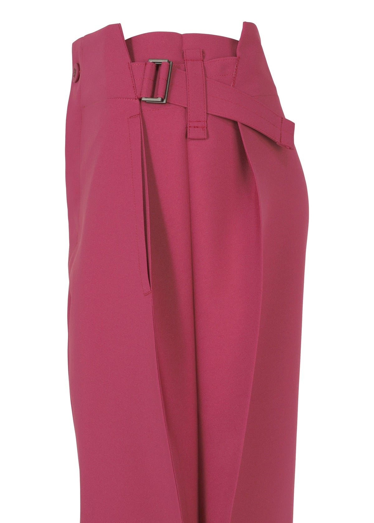 VERTEX BOTTOMS by 132 5. ISSEY MIYAKE: Magenta high-waisted pants with side buckle, pleated waist, and straight leg silhouette, shown in profile against a white background. view 6 of 12