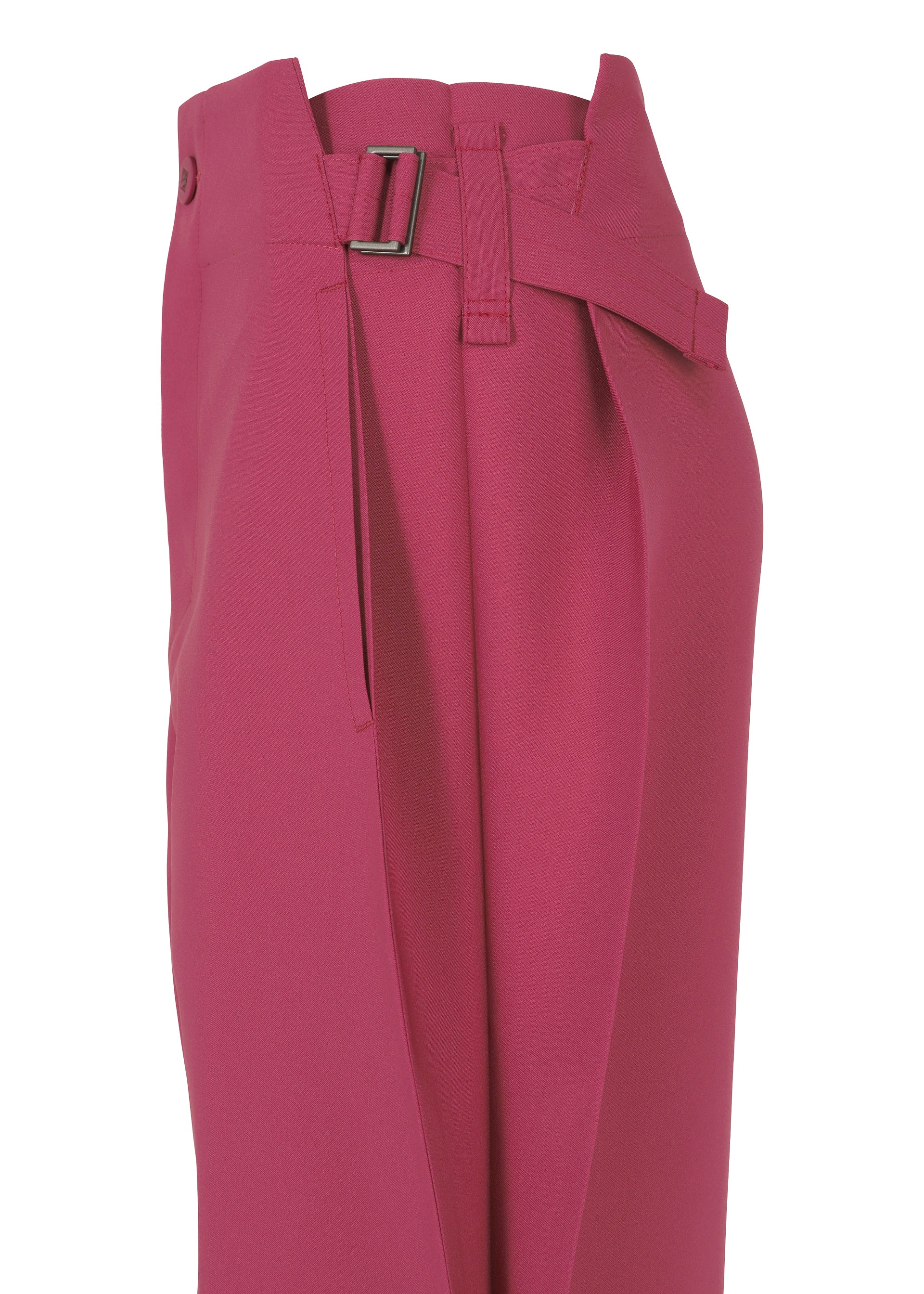 Zoomed view VERTEX BOTTOMS by 132 5. ISSEY MIYAKE: Magenta high-waisted pants with side buckle, pleated waist, and straight leg silhouette, shown in profile against a white background.