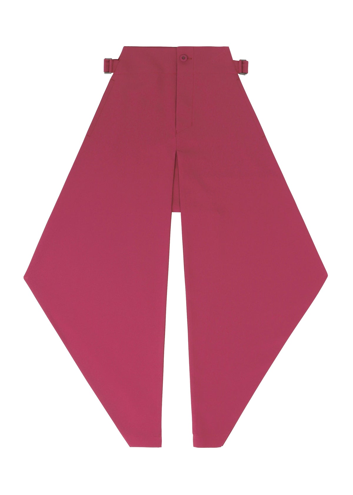 The VERTEX BOTTOMS by 132 5. ISSEY MIYAKE are wide-legged, deep pink 3D pants with an angular silhouette and side buckle details, shown flat on a white background. view 7 of 12