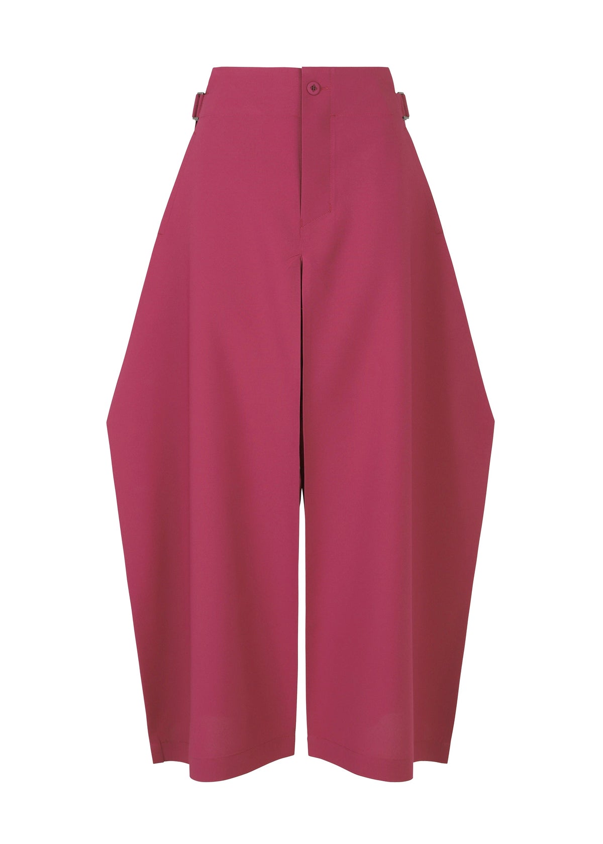 The VERTEX BOTTOMS by 132 5. ISSEY MIYAKE are high-waisted, wide-leg magenta pants with a unique angular silhouette, knee-length hem, and feature a front button and zip closure. view 2 of 11