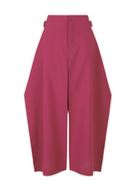 The VERTEX BOTTOMS by 132 5. ISSEY MIYAKE are high-waisted, wide-leg magenta pants with a unique angular silhouette, knee-length hem, and feature a front button and zip closure. - RASPBERRY （no.23）