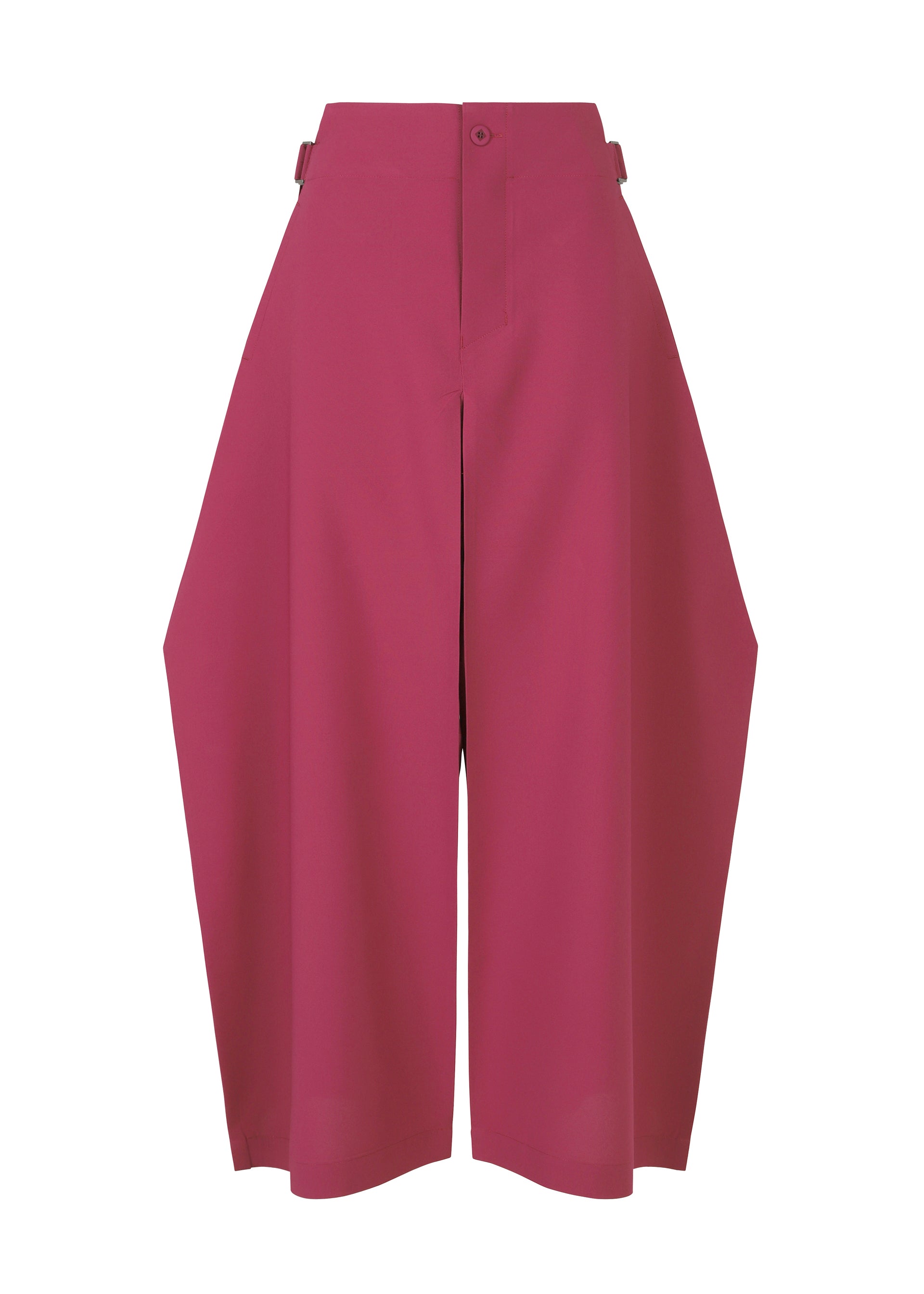 Zoomed view The VERTEX BOTTOMS by 132 5. ISSEY MIYAKE are high-waisted, wide-leg magenta pants with a unique angular silhouette, knee-length hem, and feature a front button and zip closure. - RASPBERRY （no.23）