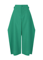 The VERTEX BOTTOMS by 132 5. ISSEY MIYAKE are high-waisted, wide-leg green pants featuring a cropped length, front button and zip closure, and an angular silhouette that creates a striking three-dimensional effect. - GREEN （no.62）