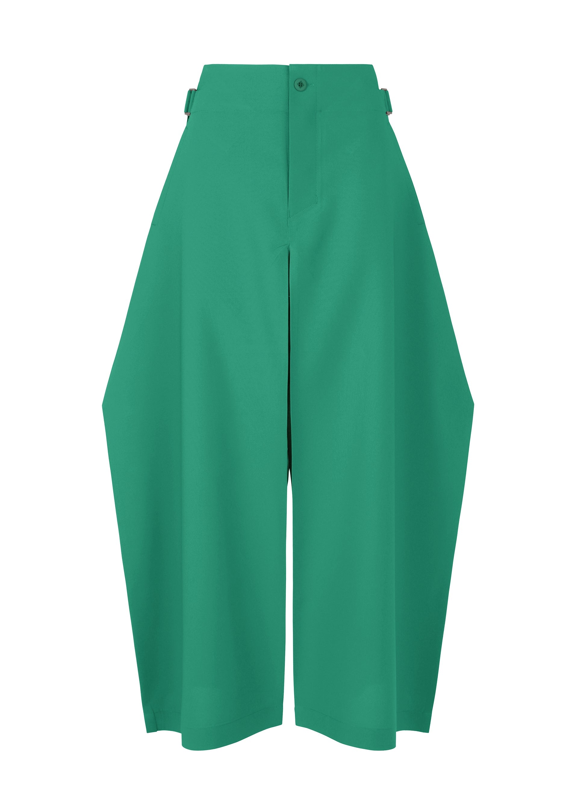Zoomed view The VERTEX BOTTOMS by 132 5. ISSEY MIYAKE are high-waisted, wide-leg green pants featuring a cropped length, front button and zip closure, and an angular silhouette that creates a striking three-dimensional effect. - GREEN （no.62）