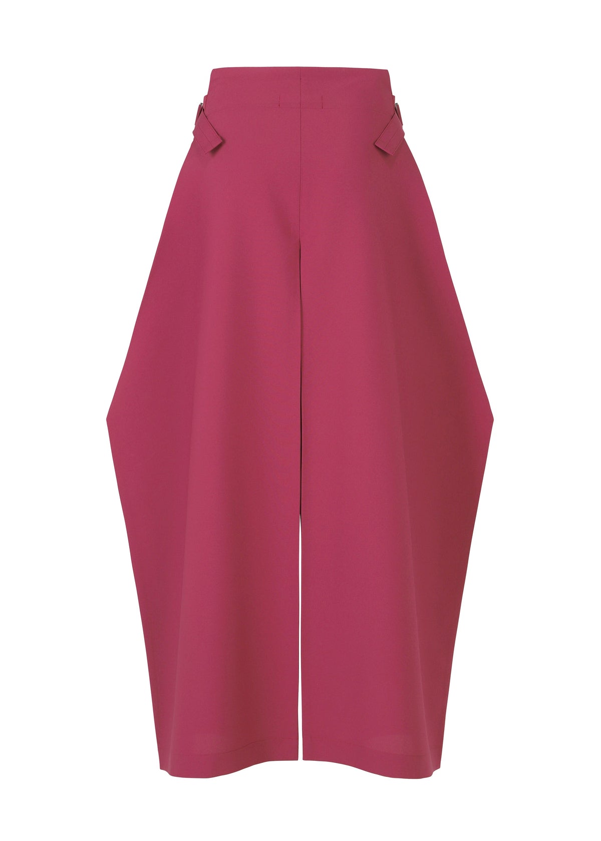 The VERTEX BOTTOMS by 132 5. ISSEY MIYAKE are wide-legged, high-waisted magenta culottes featuring an angular silhouette and unique folding details near the waist, shown against a white background. view 4 of 11