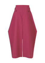 The VERTEX BOTTOMS by 132 5. ISSEY MIYAKE are wide-legged, high-waisted magenta culottes featuring an angular silhouette and unique folding details near the waist, shown against a white background.