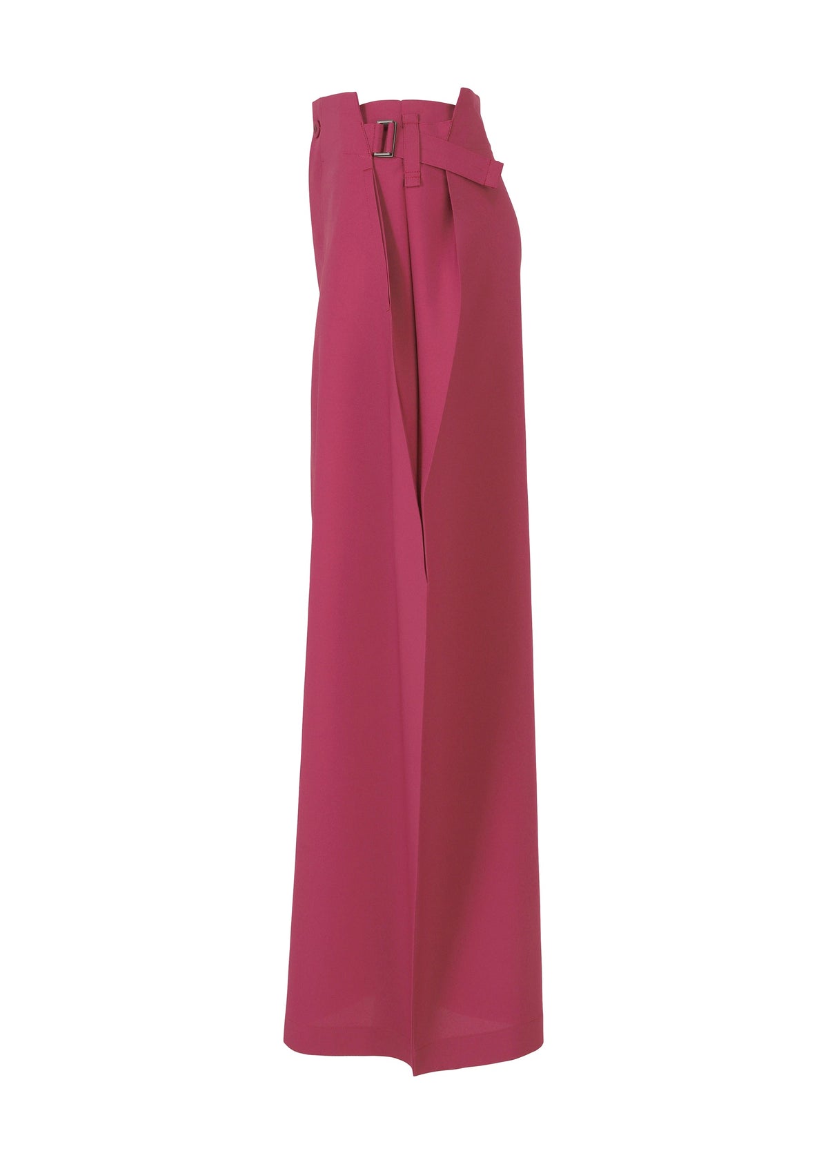 The VERTEX BOTTOMS by 132 5. ISSEY MIYAKE are high-waisted, wide-leg magenta trousers with a matching fabric belt and pleated details, offering voluminous style and modern structure against a white backdrop. view 5 of 11