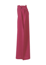 The VERTEX BOTTOMS by 132 5. ISSEY MIYAKE are high-waisted, wide-leg magenta trousers with a matching fabric belt and pleated details, offering voluminous style and modern structure against a white backdrop.