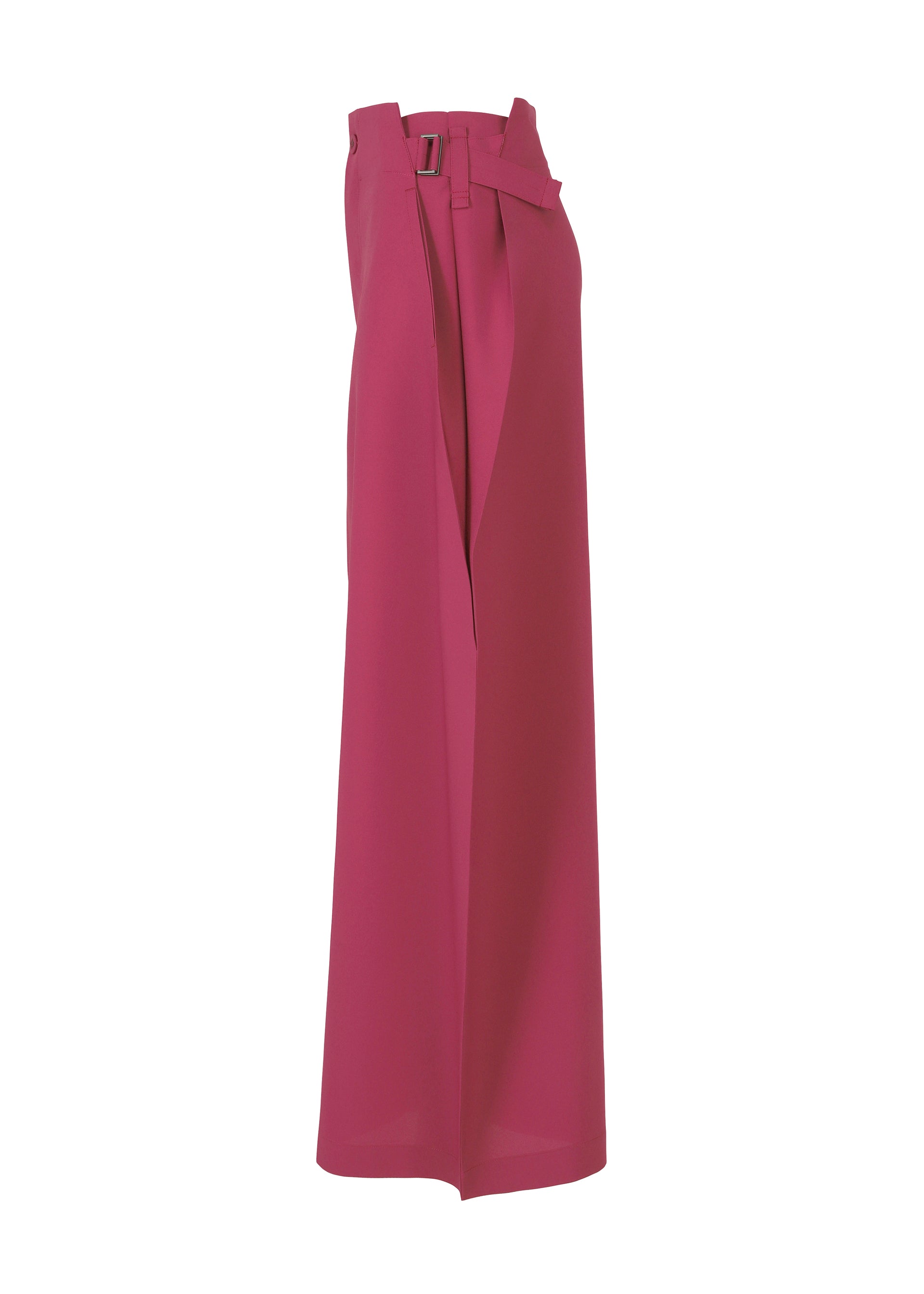 Zoomed view The VERTEX BOTTOMS by 132 5. ISSEY MIYAKE are high-waisted, wide-leg magenta trousers with a matching fabric belt and pleated details, offering voluminous style and modern structure against a white backdrop.