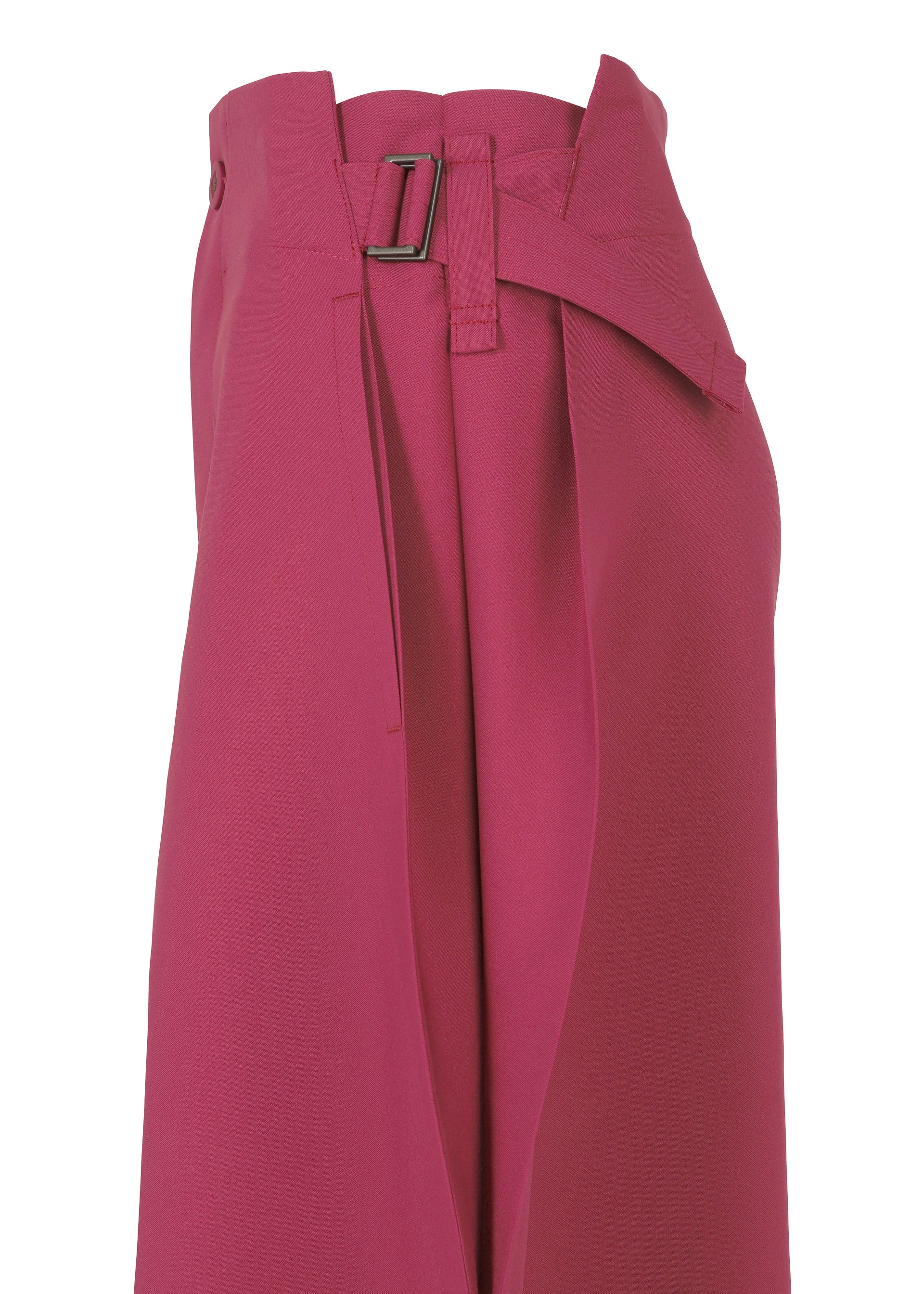 Zoomed view A close-up of the VERTEX BOTTOMS by 132 5. ISSEY MIYAKE—high-waisted, wide-leg magenta pants with a folding structure, pleated front, and an overlapping belt finished with a rectangular metal buckle.