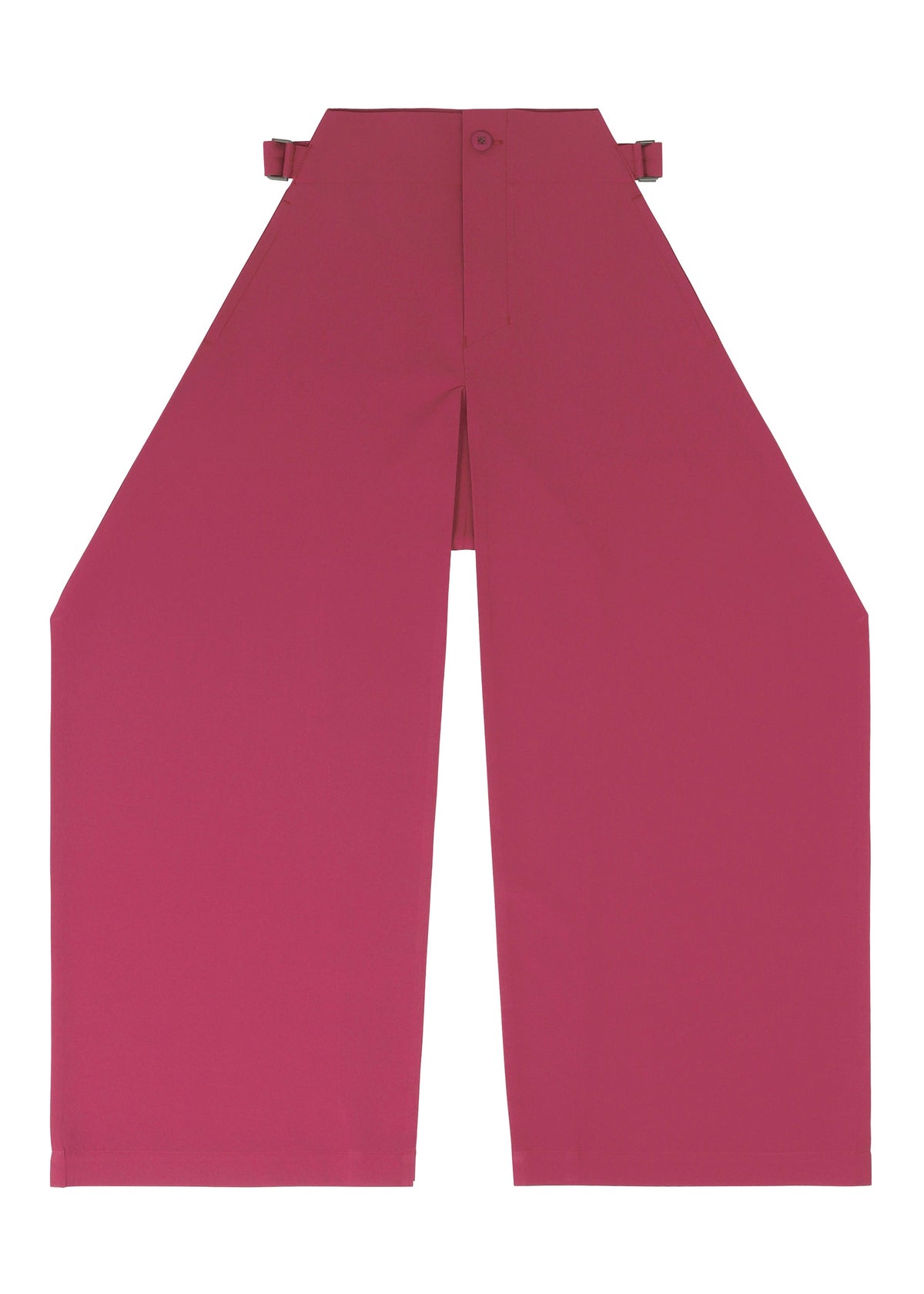 The VERTEX BOTTOMS by 132 5. ISSEY MIYAKE are high-waisted, wide-leg magenta pants with a folding structure, side waist straps, a geometric silhouette, and feature a front button and zipper closure. view 7 of 11