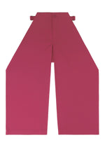 The VERTEX BOTTOMS by 132 5. ISSEY MIYAKE are high-waisted, wide-leg magenta pants with a folding structure, side waist straps, a geometric silhouette, and feature a front button and zipper closure.