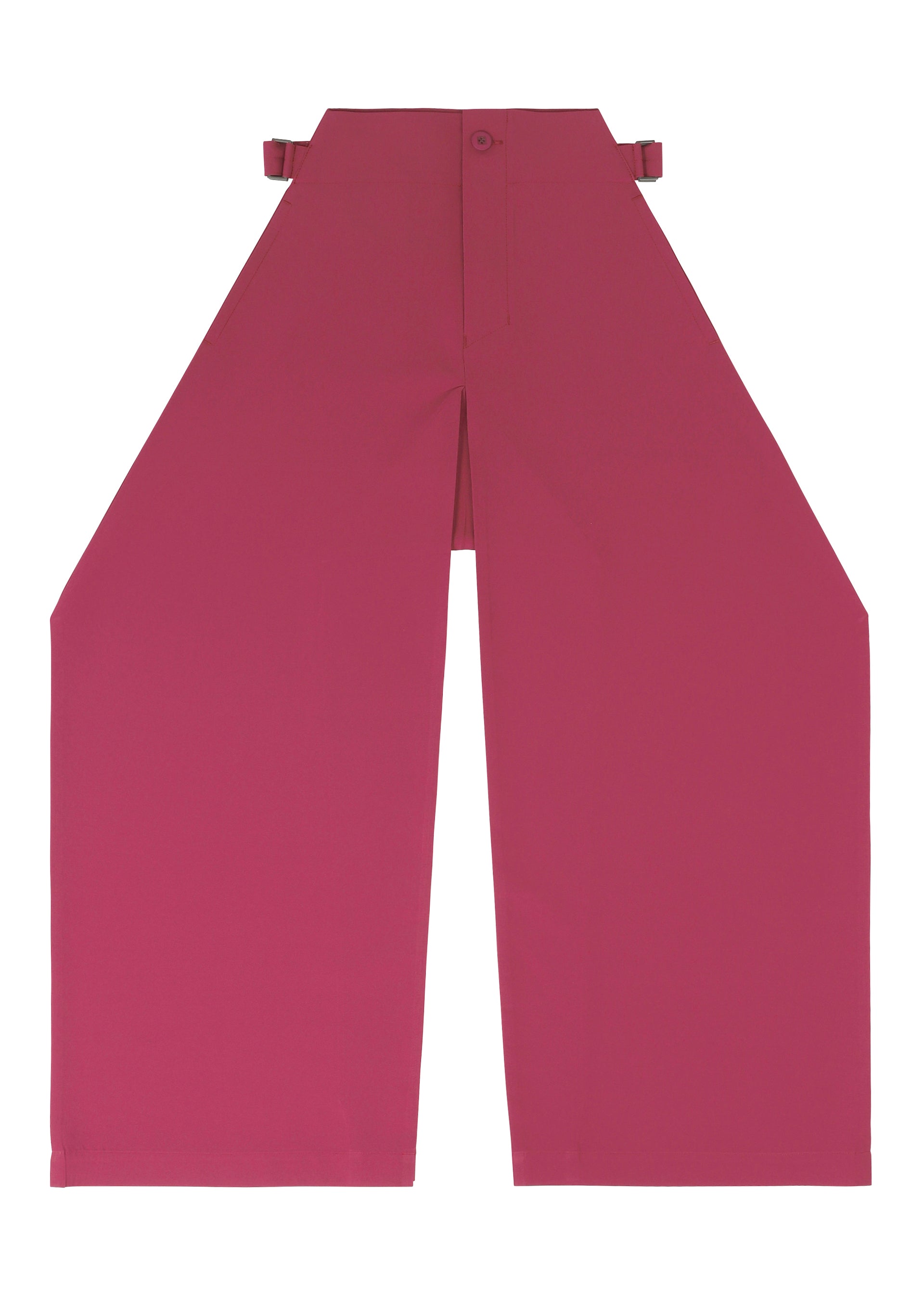 Zoomed view The VERTEX BOTTOMS by 132 5. ISSEY MIYAKE are high-waisted, wide-leg magenta pants with a folding structure, side waist straps, a geometric silhouette, and feature a front button and zipper closure.