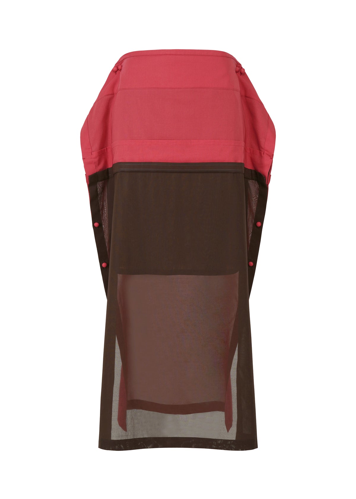 The SHEER FOLIO dress by 132 5. ISSEY MIYAKE features a red structured sleeveless top, a loose sheer black lower section with side button details, and a portfolio-inspired mix of solid and see-through fabrics for a modern look. view 2 of 11