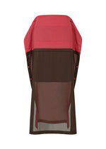 The SHEER FOLIO dress by 132 5. ISSEY MIYAKE features a red structured sleeveless top, a loose sheer black lower section with side button details, and a portfolio-inspired mix of solid and see-through fabrics for a modern look. - BROWN×RED （no.49）