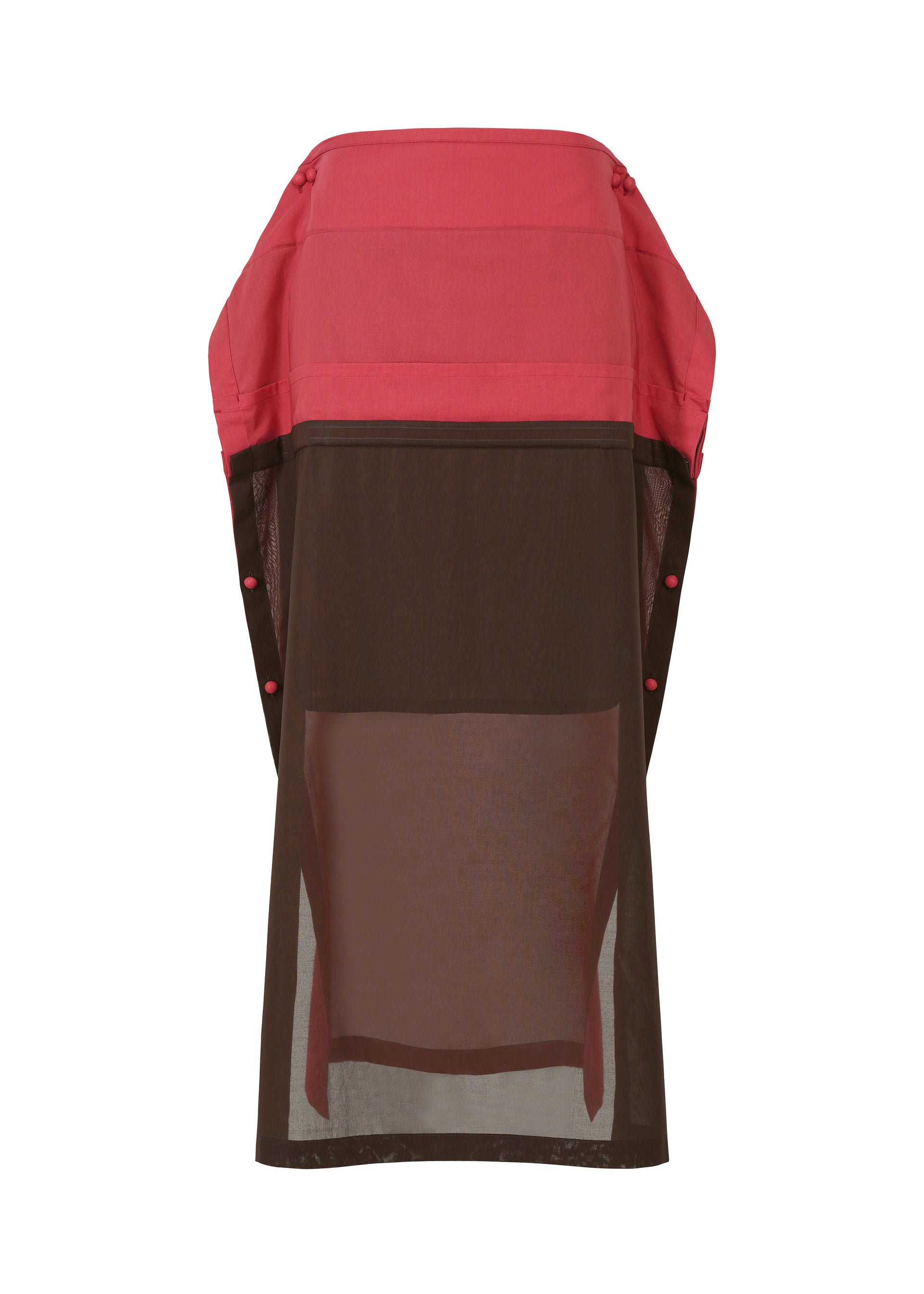 Zoomed view The SHEER FOLIO dress by 132 5. ISSEY MIYAKE features a red structured sleeveless top, a loose sheer black lower section with side button details, and a portfolio-inspired mix of solid and see-through fabrics for a modern look. - BROWN×RED （no.49）