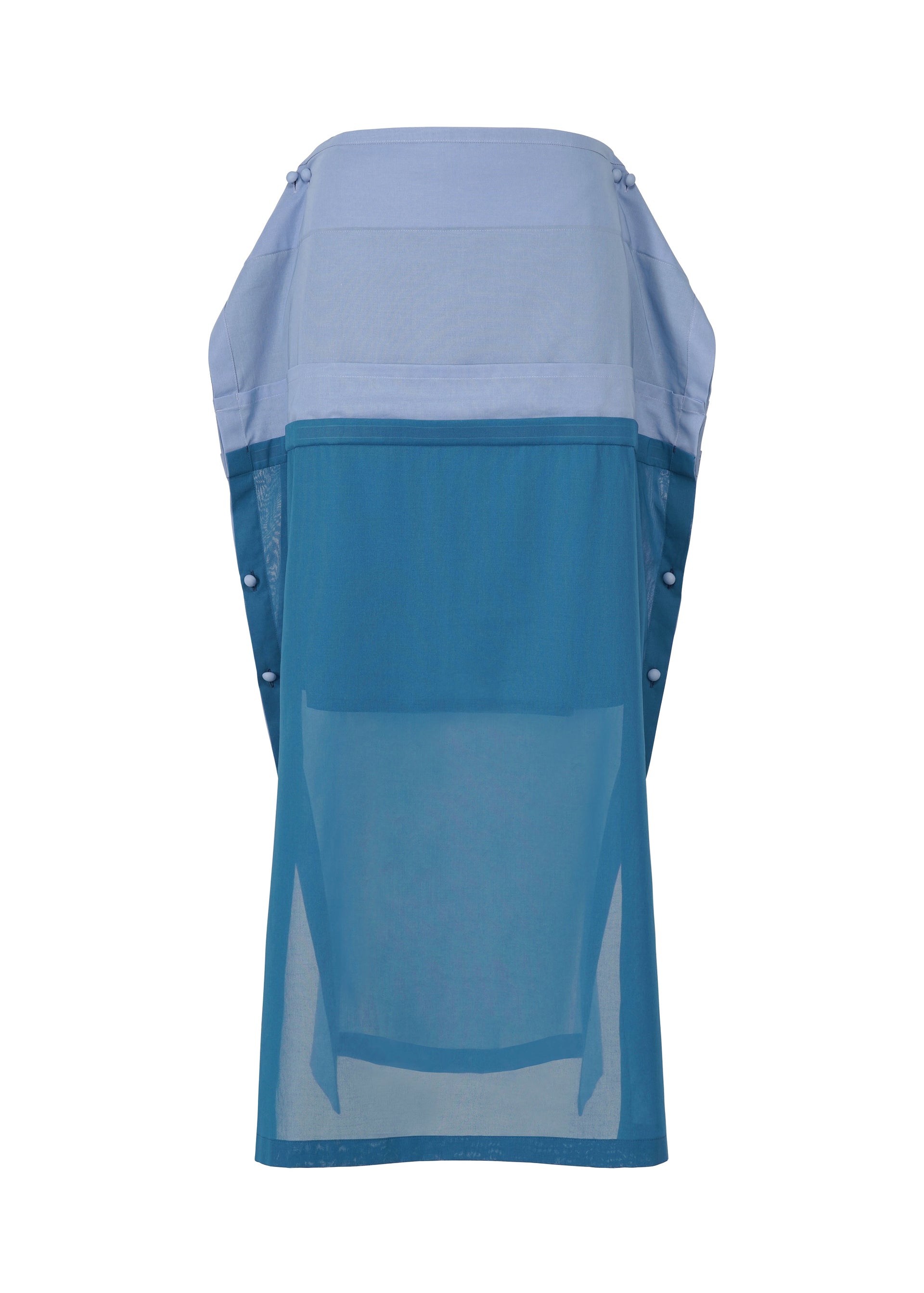 Zoomed view The SHEER FOLIO dress by 132 5. ISSEY MIYAKE is a sleeveless, knee-length piece with sheer blue and teal panels, side buttons, a straight silhouette, and a layered skirt effect. - BLUE×LIGHT BLUE （no.70）
