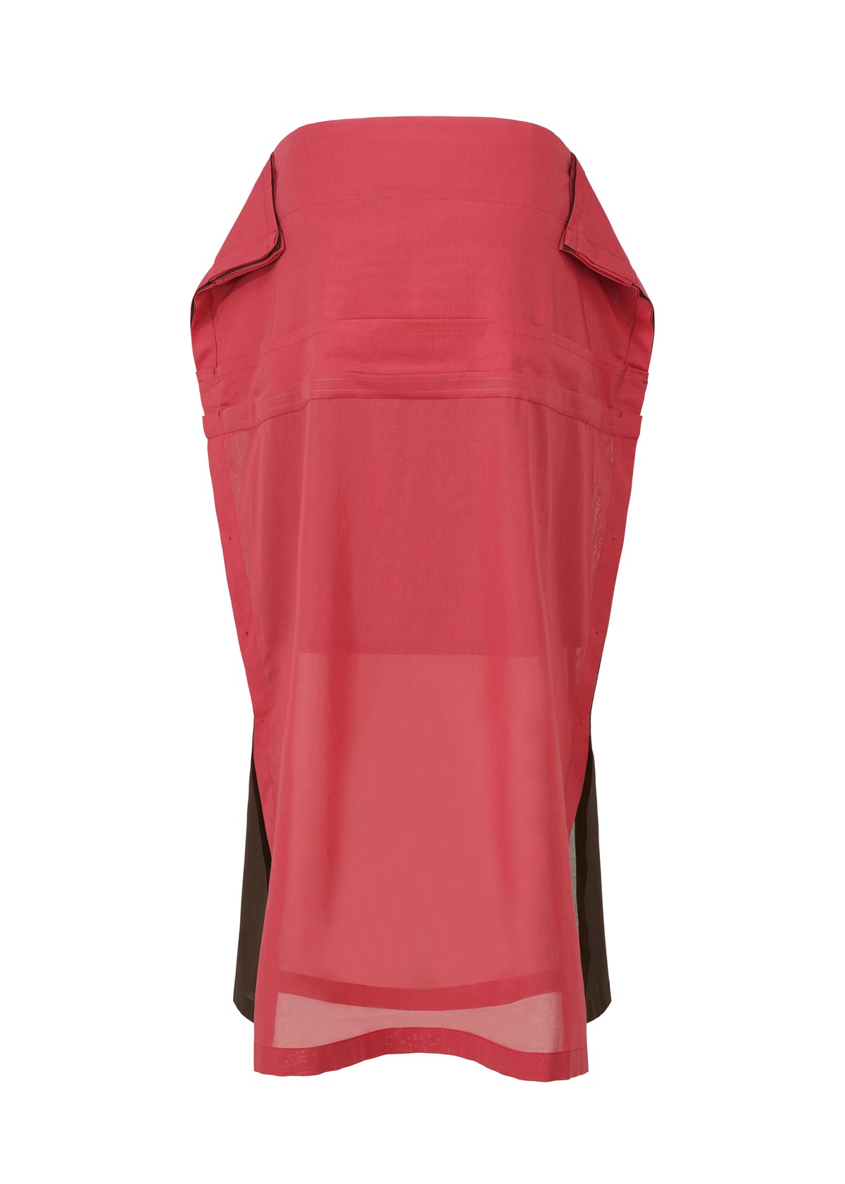 The SHEER FOLIO by 132 5. ISSEY MIYAKE is a sleeveless top in sheer red with brown side panels, a wide structured collar, and loose draped fit—ideal for pairing with a layered skirt for a chic, portfolio-inspired look. view 5 of 11