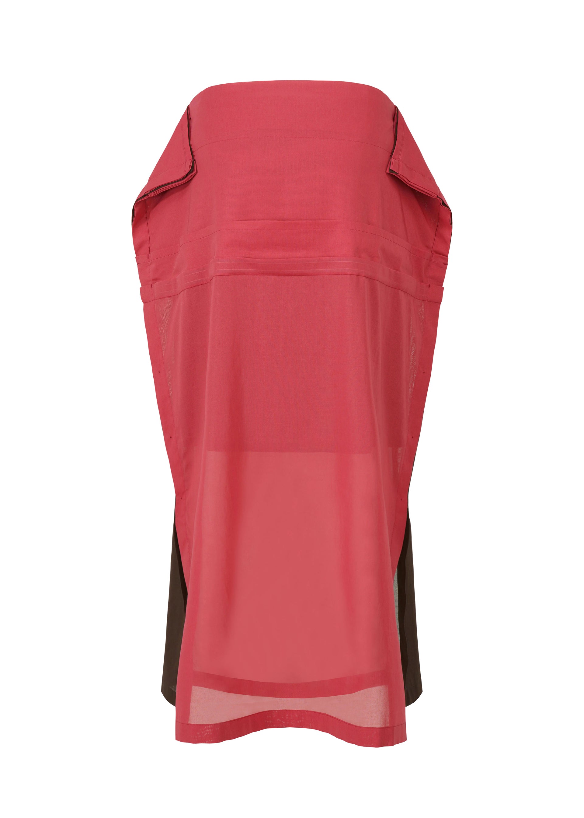 Zoomed view The SHEER FOLIO by 132 5. ISSEY MIYAKE is a sleeveless top in sheer red with brown side panels, a wide structured collar, and loose draped fit—ideal for pairing with a layered skirt for a chic, portfolio-inspired look.