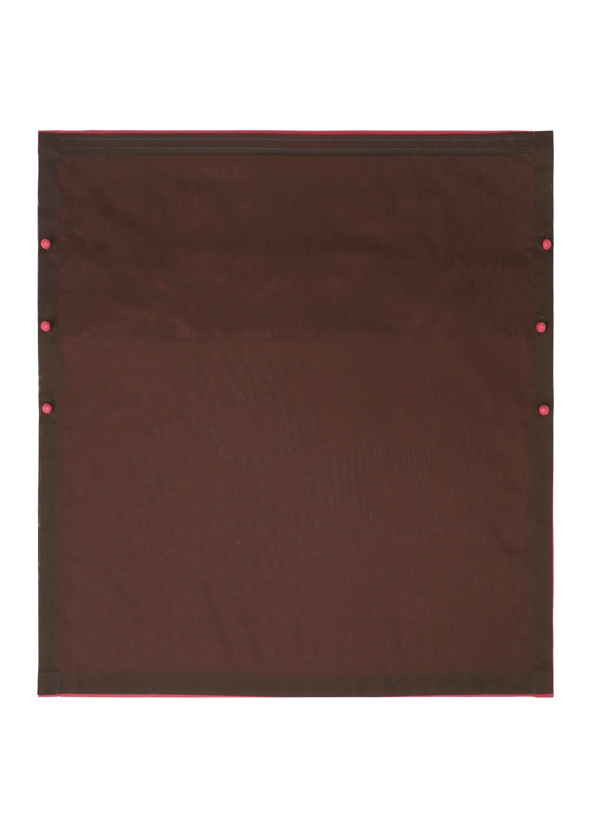 Zoomed view The SHEER FOLIO by 132 5. ISSEY MIYAKE is a flat, rectangular brown fabric with a darker border and six pink snap buttons, displayed on a white background.