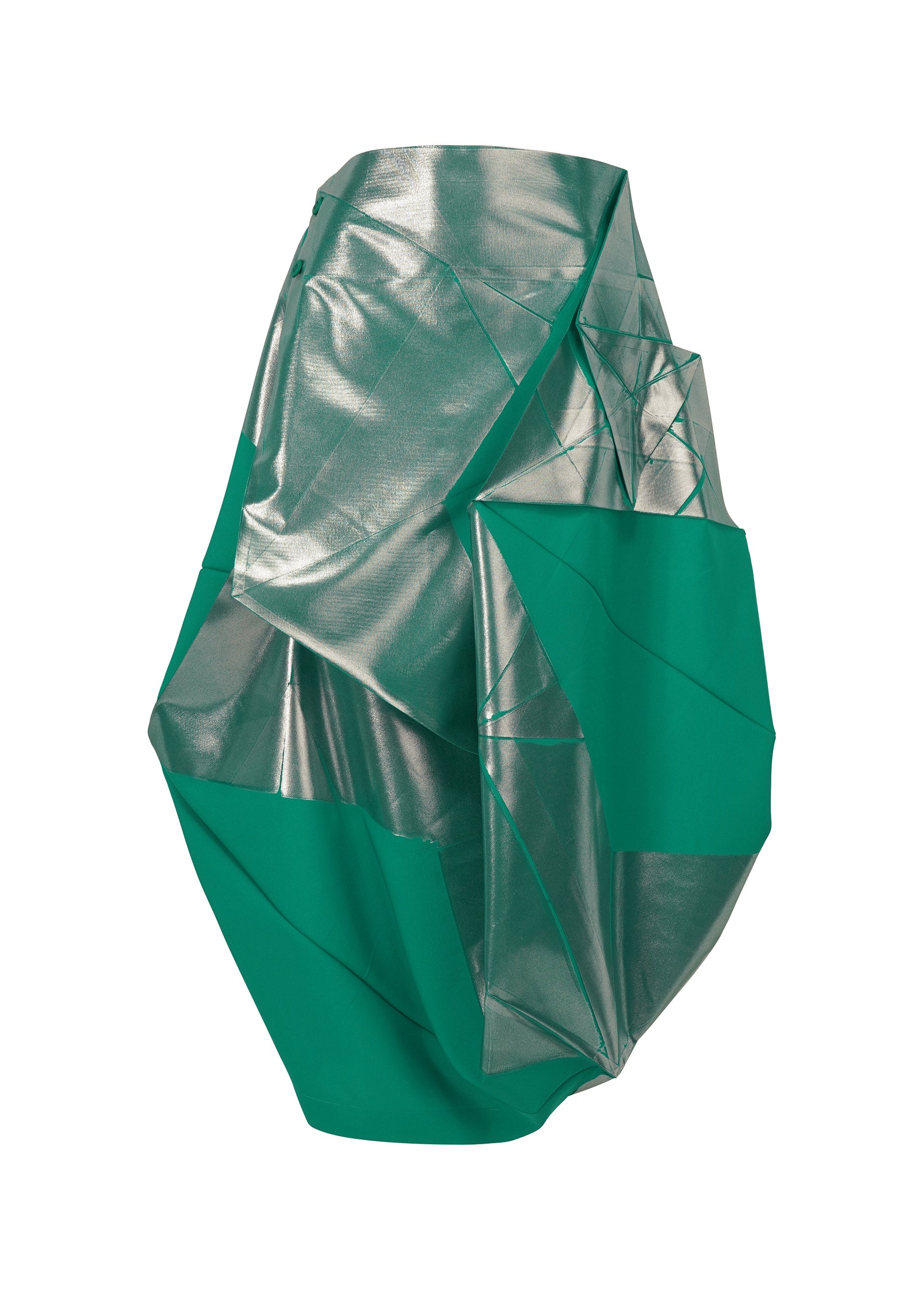 Zoomed view The NO.17 FOIL skirt by 132 5. ISSEY MIYAKE features a foil-transfer print and emerald green geometric folds, creating a futuristic, structured silhouette with innovative folding techniques and voluminous design. - GREEN×SILVER （no.69）