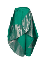 The NO.17 FOIL skirt by 132 5. ISSEY MIYAKE features green, asymmetrical draped layers with metallic silver panels and an innovative folding design for a sculptural, modern look.